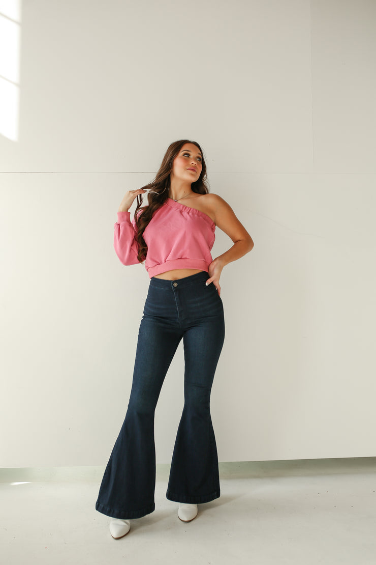 one shoulder cropped sweater | pink